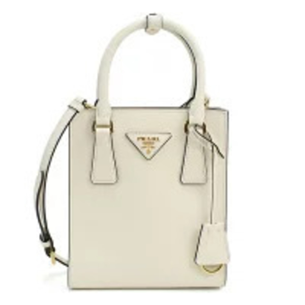 Prada white Saffiano Leather Tote Bag top handles iconic triangular logo
